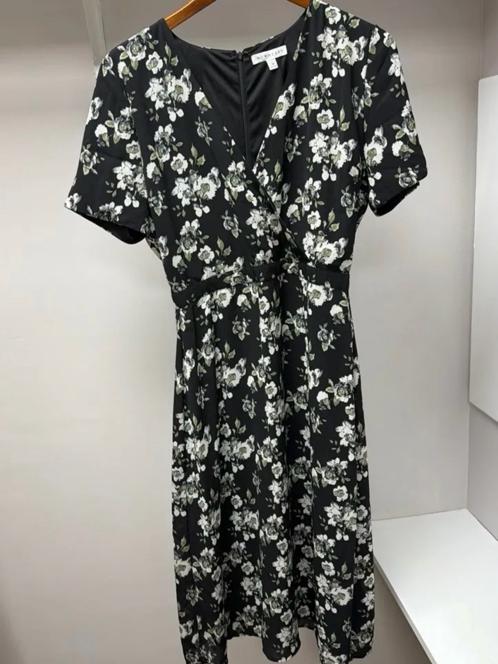 DownEast Black Floral Wrap-Style Midi Dress